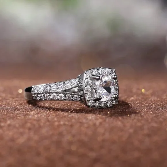 ▶NEW LUXURY 14K WHITE GOLD SQUARE GEM DIAMOND ENGAGEMENT RING FOR WOMEN, K774